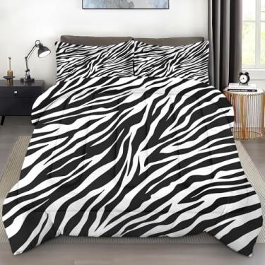 Imagem de Pamnest Conjunto de edredom Queen, estampa de zebra, retrô, macio, para crianças e adultos, tigre preto e branco, conjunto de edredom com fronha, para decoração de cama de quarto