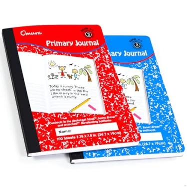 Imagem de OMURA Caderno de diário primário, notas K-2, caderno de composição pautada de meia página, 100 folhas (pacote com 2)