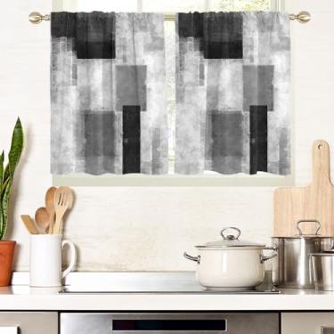 Imagem de AAtter Cortinas de janela preto cinza e branco para cozinha arte cinza abstrata estética pequena curta casa sala de estar quarto banheiro cortinas tratamento camadas tecido 1 par, 69,8 cm L x 91,4 cm
