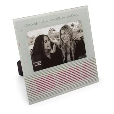 Imagem de Porta-Retrato Decorativo, 15 x 10 cm, Listras Rosa e Cinza, Como Eu Queria Estar