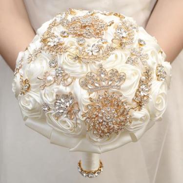 Imagem de Mhojpik Buquê de flores de casamento feito à mão com buquê redondo de rosas de cetim artificial para noiva, dama de honra, casamento, quinze anos