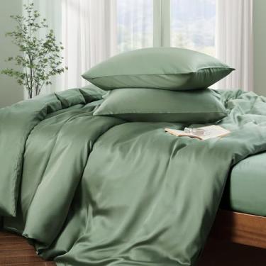 Imagem de Horbaunal Tencel Lyocell Capa de edredom Queen Size 3 peças - Conjunto de capa de edredom refrescante verde sálvia para dormir quente - Fibra natural de eucalipto liocel - Conjunto de cama respirável