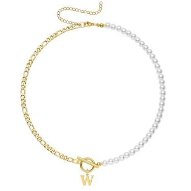 Imagem de Yanxyad Colar feminino com inicial de pérola, ouro 18K, aço inoxidável, letra A-Z, corrente fígaro, 40,6 cm + 7,6 cm, joia de presente para ela, Medium, Aço inoxidável, Sem Pedra Preciosa