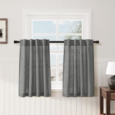 Imagem de Cortinas de linho cinza escuro café 61 cm de comprimento privacidade filtragem de luz semitransparente porta frontal pequena cortina traseira bolso haste cortinas curtas plissadas para banheiro