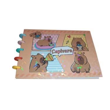 Imagem de Caderno Inteligente Colorir Capivara 5 Disco Capa Dura Holográfica A5 Horizontal, 48 Folhas Papelaria Criativa Livro de Desenho Papelaria Fofa Criativa Pintar Relaxar (marrom)