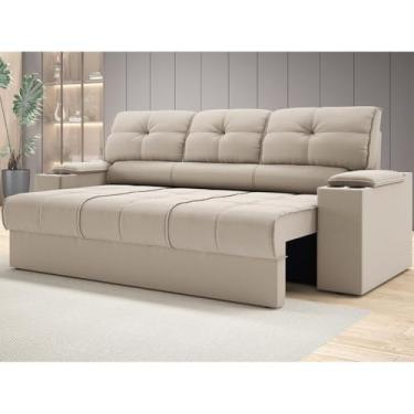 Imagem de Sofá Reclinável de Luxo com Porta Copos e Apoio Retrátil - Conforto em Veludo Suede | 205cm | (Bege)