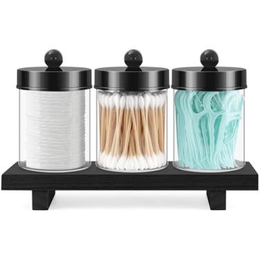 Imagem de Pacote com 3 suportes para cotonetes, bolas, almofadas, palhetas de fio dental – conjunto de banheiro com suporte Qtip com bandeja de penteadeira. Acessórios essenciais de banheiro, organizador de