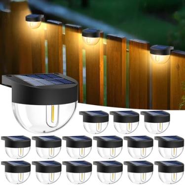 Imagem de btfarm Pacote com 16 luzes solares para cerca de LED à prova d'água, luzes de deck retrô alimentadas por energia solar, luz solar para varanda externa, varanda, escada, jardim, pátio, decoração