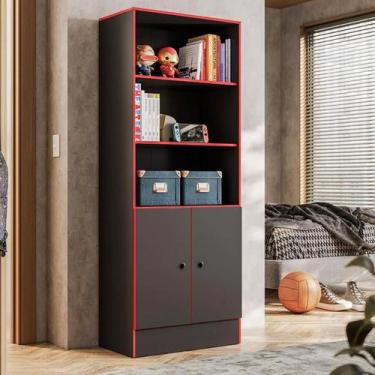 Imagem de Armário Gamer Multiuso Estante Livreiro  - QMovi, Preto/Vermelho