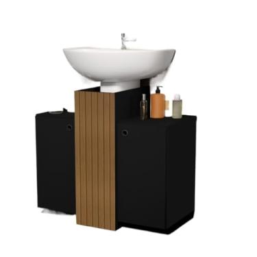Imagem de Gabinete Armário Banheiro Pia De Coluna 2 Portas(Preto/Ripado)