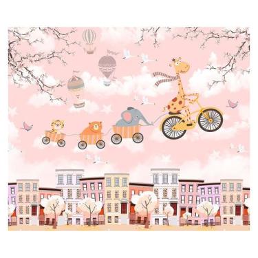 Imagem de Papel de Parede Adesivo Infantil Safari Floresta Bicicleta Bebe Quarto