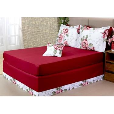 Imagem de Jogo De Lençol 5 Peças Simples Com Elástico Queen Com Saia Box e Capa De Almofada (Vinho)