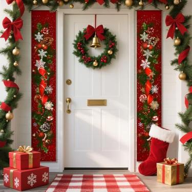 Imagem de Placa de alpendre de Natal, decoração de feliz Natal, banners de porta para pátio, decoração de Natal, inverno, feriado, sinalização de quintal (vermelho 3, 11,8 L x 70,8 L")