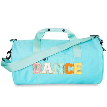 Imagem de Bolsa esportiva de dança para meninas, tamanho grande, bolsa esportiva leve de ginástica com letras de chenille, 41 x 23 x 23 cm, para balé, torcida, atletas, idades de 6 a 10 anos (azul)