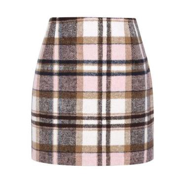 Imagem de Saia feminina Kinghua xadrez de lã, mini cintura alta, Bodycon, rosa
