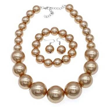 Imagem de Colar de pérolas para mulheres, colar de pérolas grossas e grandes, colar de pérolas multicamadas e brinco conjunto de bijuterias da década de 1920, Zinco, Sem Pedra Preciosa