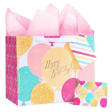Imagem de LaRibbons Saco grande de presente de feliz aniversário de 33 cm com papel de seda e cartão comemorativo, balão com impressão em pó dourado, perfeito para aniversário de meninas e crianças