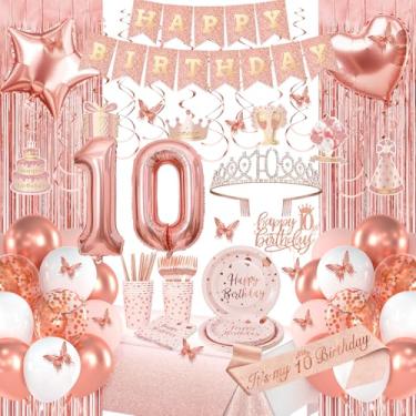 Imagem de Decorações de aniversário de 10 anos de ouro rosa, decorações de feliz aniversário de 10 anos para meninas, pacotes de festa de aniversário com faixa de ouro rosa, balões número 10, faixa, coroa