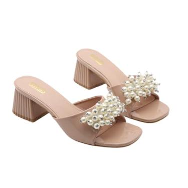 Imagem de FIFILAPIN Sandália feminina de salto grosso pérola sem cadarço moderna bico quadrado simples verão confortável salto bloco chinelos de formatura casual noite festa sandálias, Damasco, 38