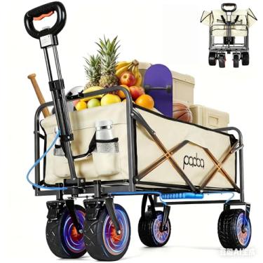 Imagem de Carrinho de supermercado dobrável de assistência elétrica, carrinho de compras de 136 kg com rodas de praia todo-o-terreno de 21,6 cm e suportes para bebidas, portátil para acampamento ao ar livre,