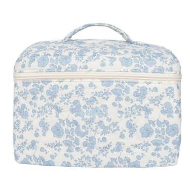 Imagem de FITINI Bolsa de maquiagem de viagem grande bolsa de cosméticos para mulheres bolsa com alça zíper bolsas de escova cosmética, XQ azul floral, Tendência