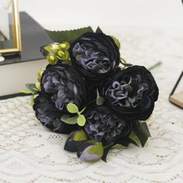 Imagem de Flores artificiais de peônia de seda, buquê de rosas, decoração de casa e natal, arranjos florais falsos para casamento, jardim, guirlanda, acessórios para festa faça você mesmo (preto)