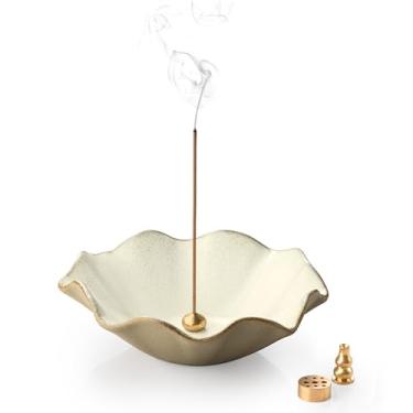 Imagem de KOKUNKA Suporte de incenso 4 em 1 queimador de incenso com 3 soquetes de incenso, suporte de incenso de 15 cm para bastões, tigela de incenso de cone de lótus, suporte de incenso para meditação, ioga