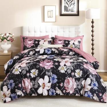 Imagem de Luxudecor Jogo de cama Queen com 7 peças, conjunto de edredom e lençol floral, preto e rosa, cama de microfibra macia em uma bolsa para todas as estações (preto e rosa, 228 x 228 cm)