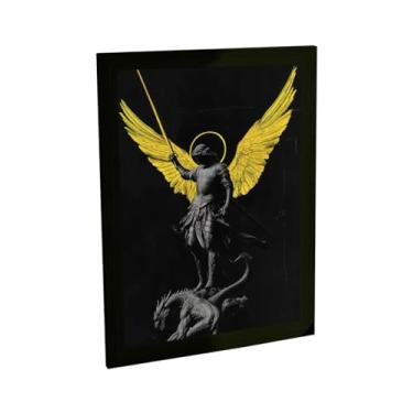 Imagem de Quadro Decorativo Arcanjo Miguel Ilustração Preto Amarelo Decoração Poster Quarto Sala