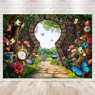 Imagem de Newsely Cenário de festa de chá encantado do País das Maravilhas 12,5 L x 7,5 cm A fotografia primavera conto de fadas grama flor tijolo parede de tijolos fundo quadriculado floresta decoração festa