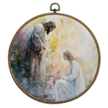 Imagem de BSNZZIO Decoração de arte de parede redonda cristã, impressões de arte de moldura de tela de Jesus, decoração de parede para sala de estar, quarto, igreja, sala de oração, 25 cm