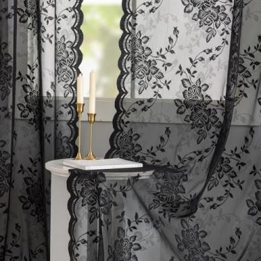 Imagem de Cortinas de renda preta - 244 cm de comprimento - cortinas góticas transparentes para sala de estar, escritório, 2 painéis, floral vintage vitoriano, bordas recortadas, decoração gótica assustadora de