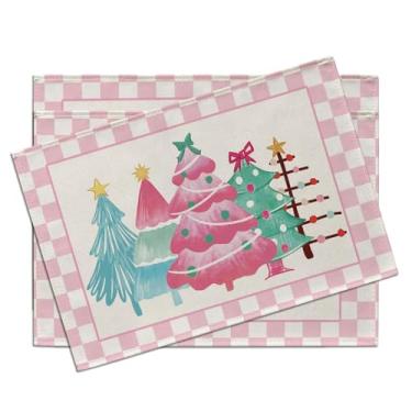 Imagem de Croar Jogo americano de árvore de Natal rosa, conjunto com 4, pinheiros, buffalo, xadrez, decoração de mesa, decoração de cozinha de casa quadriculada para férias de inverno, 30,5 x 45,7 cm