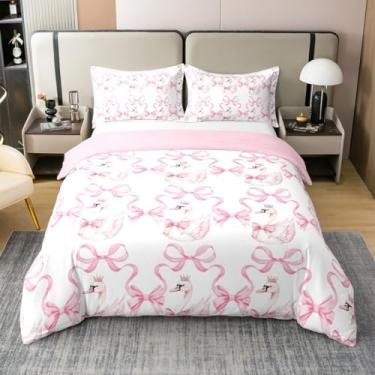 Imagem de Manfei Conjunto de capa de edredom de cisne branco 100% algodão, tamanho Queen, conjunto de cama sonhador com laço rosa com coroa de princesa, laço em aquarela, listras rosa e branco (sem enchimento