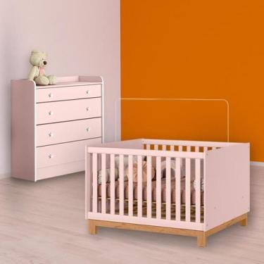 Imagem de Quarto Infantil Berço Mini Cama Slim e Cômoda Trocador Rosa - Qmovi