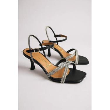 Imagem de Sandália Vizzano Feminina Salto Médio Fino Preta Com Tiras Prateadas P