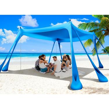 Imagem de Wabolay Tenda de Praia com Dossel Pop-Up Sombra 10X10 Pés Abrigo Solar Família Portátil Upf50 + com 8 Sacos de Areia-2 Pás de Areia-4 Postes de Alumínio-Estacas de Solo-Bolsa de Transporte para Acampa