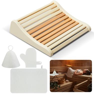 Imagem de Thyle 4 peças acessórios de sauna de madeira para descanso de cabeça para sauna, chapéus, luvas e tapete para recuperação, bem-estar, relaxamento, infravermelho, vapor, casa, spa