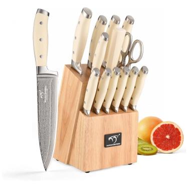 Imagem de Conjunto de Facas com Bloco de Bancada com Afiador Embutido, 14 Peças, NANFANG BROTHERS, Creme