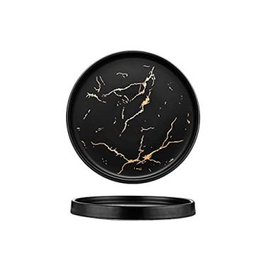 Imagem de Prato de serviço, pratos de jantar, pratos de bife de cerâmica marmorizados criativos para restauração, cozinha, festa, família, cozinha, louça (branco preto) pratos (cor: preto, tamanho: 19 cm)