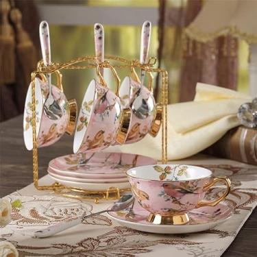 Imagem de Caneca Pássaro Pastoral Osso China Chávena de Chá Pires Conjunto de Colher Europa Porcelana Xícara de Café 200ml Bandeja de Caneca de Café Copo de Café para Festa (Cor: 4 Copos e Suporte)