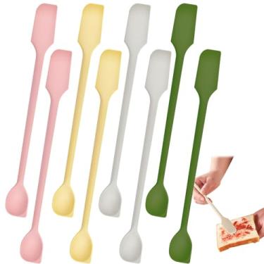 Imagem de 8 mini espátulas de silicone, raspadores flexíveis com alças longas, agitador reutilizável para geleia, loção, frascos estreitos e finos, coloridos