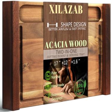 Imagem de Tábua de carne de madeira acácia – tábua de cortar placa de bife tábua de servir de madeira para casa 17 polegadas (1 conjunto)