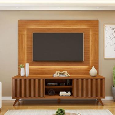 Imagem de Rack com Painel para Tv 58 Polegadas com Led 100% Mdf 180cm Pés em Madeira Maciça Gaia Grécia Naturalle