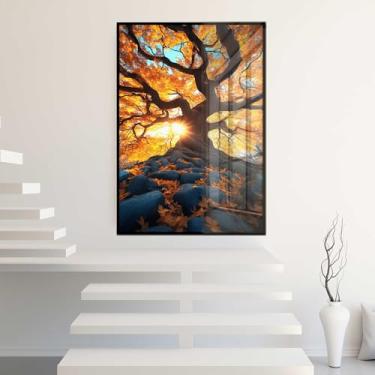 Imagem de Quadro Decorativo com Moldura e Acrilico Cristal Vidro Árvore da Vida vermelha Paisagem Sala Quarto Hall