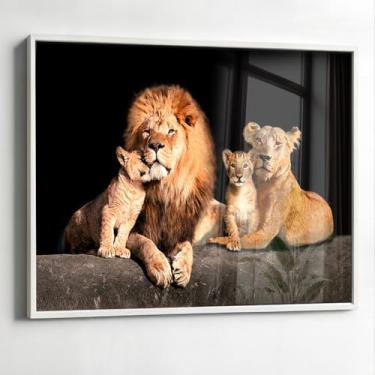 Imagem de Quadro com Moldura e Acrilico Cristal Vidro Sala Quarto Leão Família Decorativo Horizontal Grande Hall