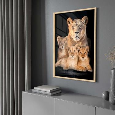 Imagem de Quadro Decorativo com Moldura e Acrilico Cristal Vidro Leoa 3 Filhotes Leões Sala Quarto Hall