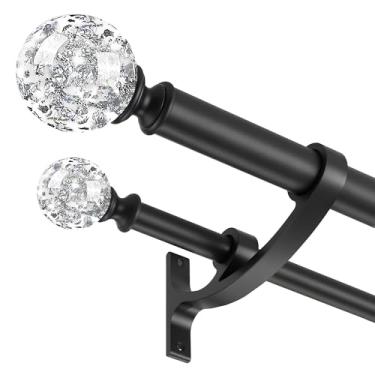 Imagem de Varão de cortina duplo preto de 91 a 182 cm, varões decorativos duplos de cristal com suporte de alumínio sólido, acabamento de folha brilhante acrílica, 2,5 cm frontal e 1,5 cm atrás, varões de