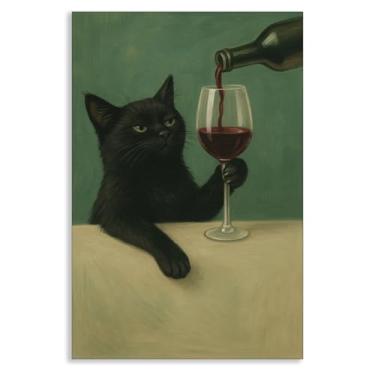 Imagem de Arte de parede em tela de gato preto, pôster de pintura de gato verde escuro temperamental, imagem de animal peculiar vintage, impressão de copo de vinho, decoração de parede de carrinho de bar, arte