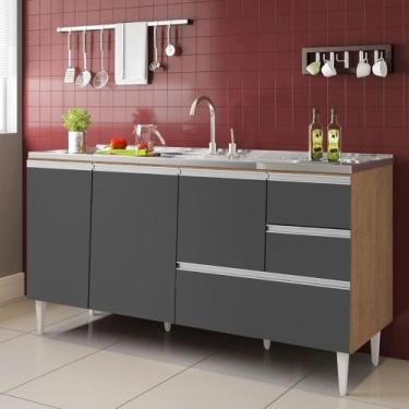 Imagem de Balcão Maceió Para Pia 1,60 3 Portas Com Gavetão Amêndoa Grafite - MIL